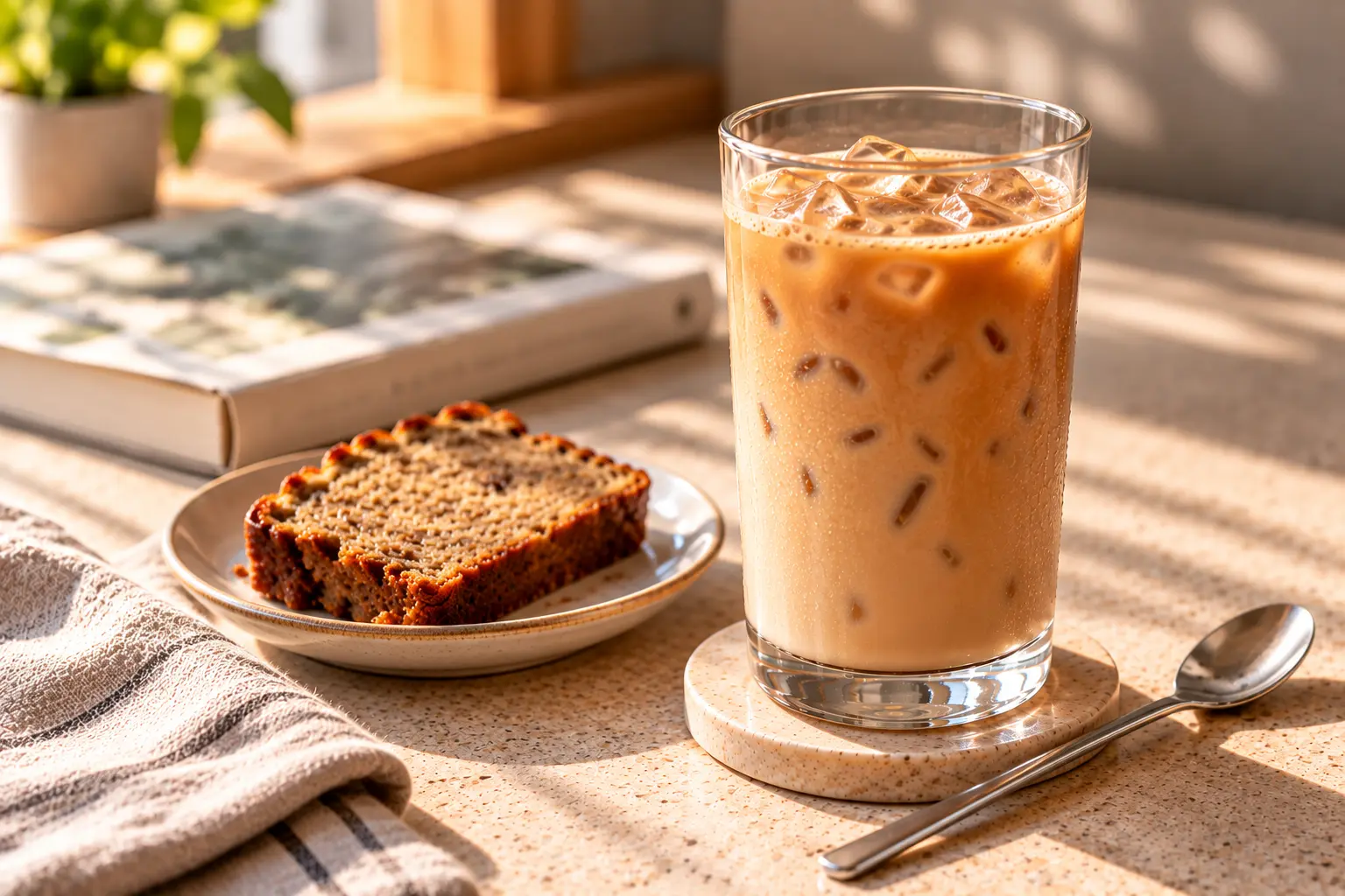Iced Banana Bread Latte served with a slice of banana bread