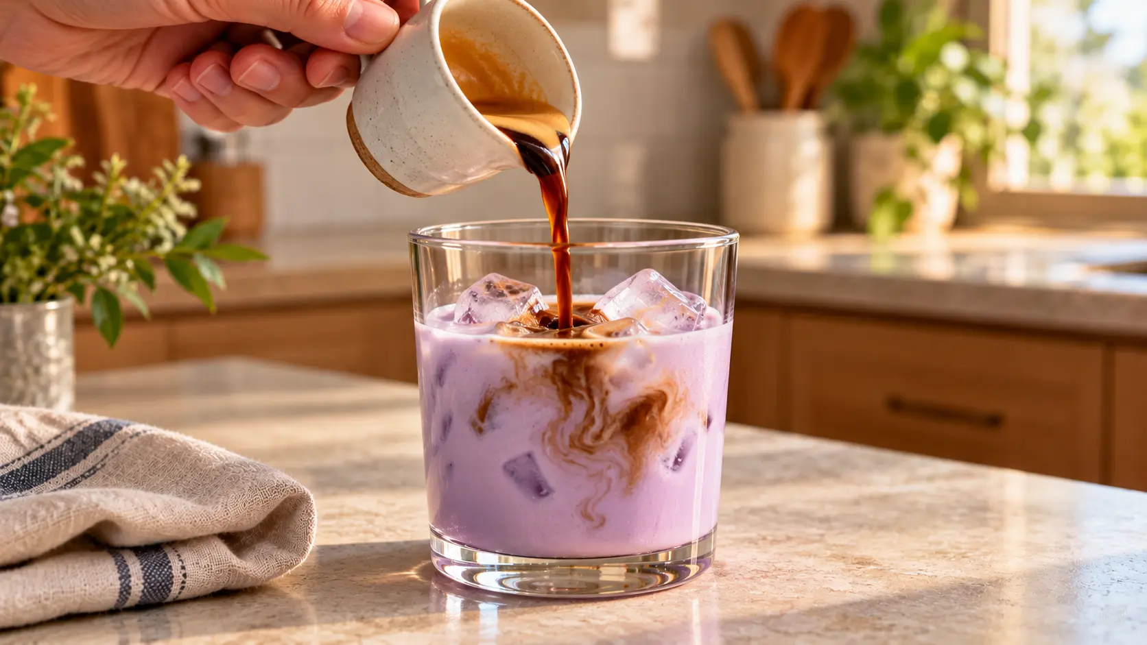 Pouring espresso from a small ceramic cup into an iced purple ube latte.