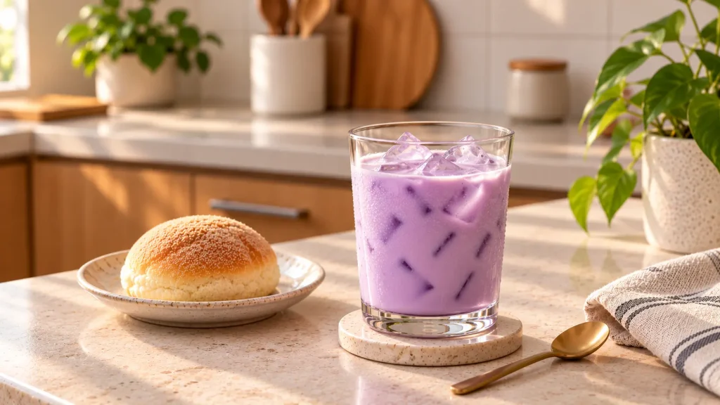 Homemade iced ube latte in a clear glass with ice, served with Filipino pandesal on a sunlit kitchen countertop.