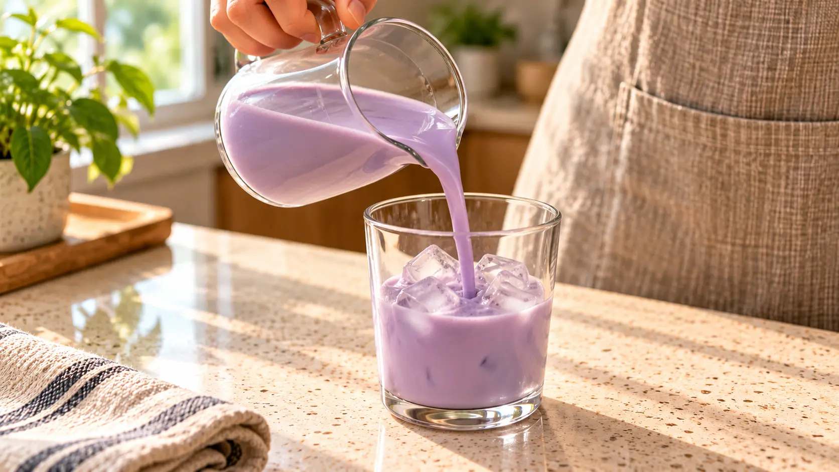 Pouring a prepared lavender-purple ube latte mixture from a glass pitcher over ice in a clear tumbler.