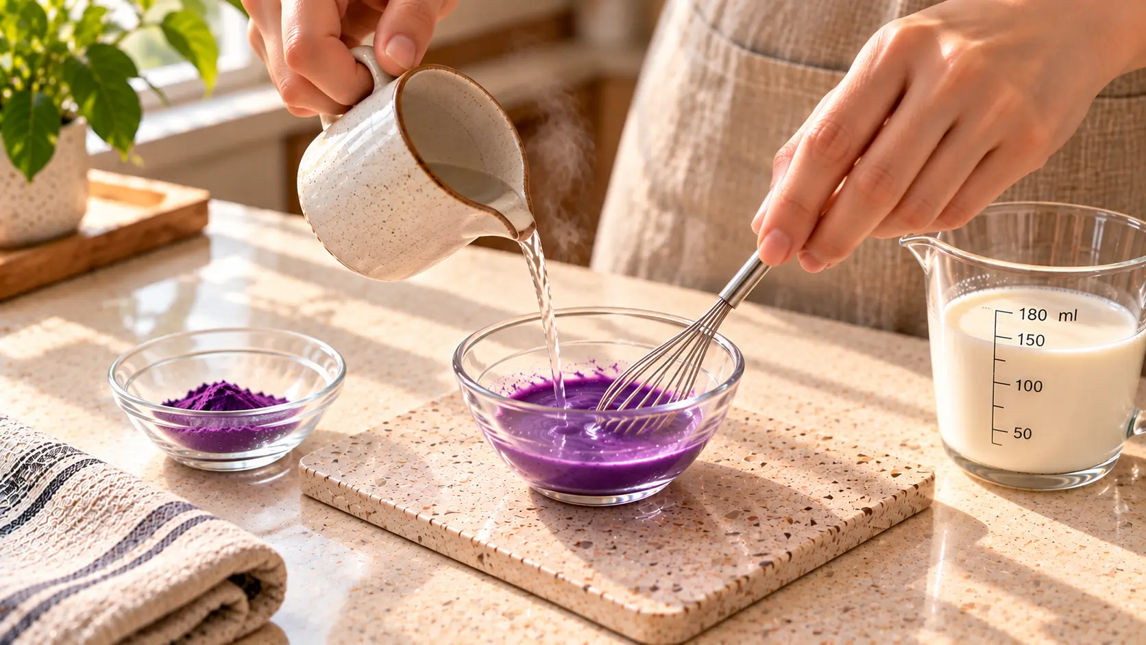 Whisking ube powder with warm water in a small glass bowl to prepare a homemade ube latte.